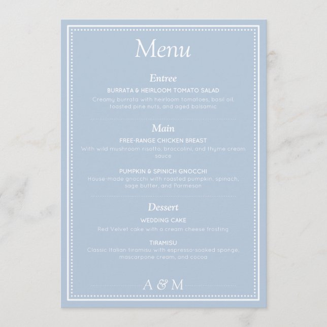 Simple Dusty Powder Blue Minimal Elegant Wedding  Menu (Front)