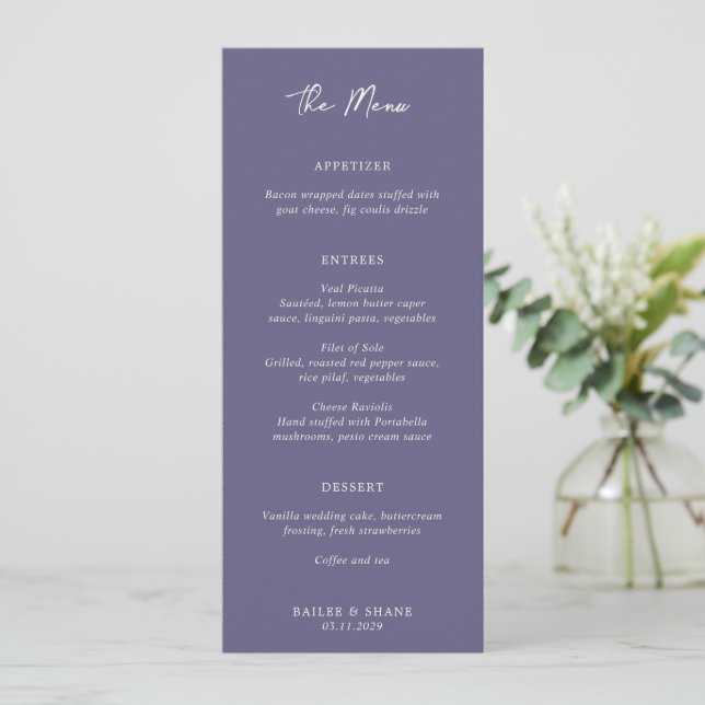 Simple Dusty Purple Modern Wedding Menu (Standing Front)