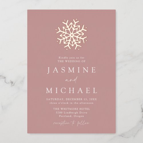 Simple Dusty Rose and Rose Gold Snowflake Wedding Foil Invitation