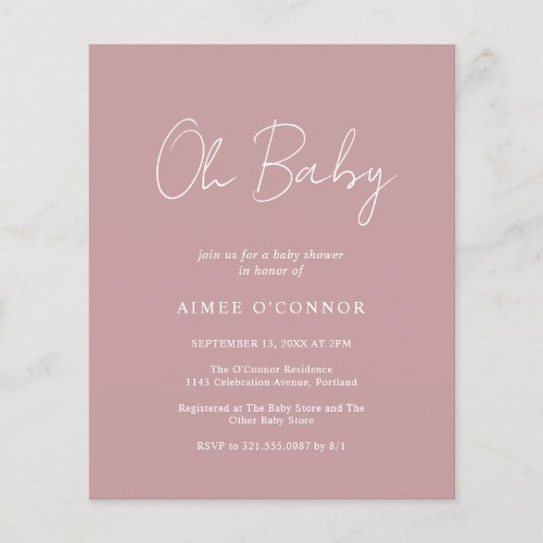 Simple Dusty Rose Budget Baby Shower Invitation