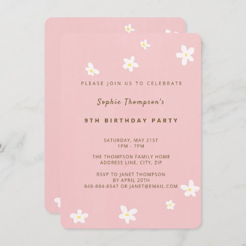 Simple Dusty Rose Cute Daisies Girl Birthday Party Invitation