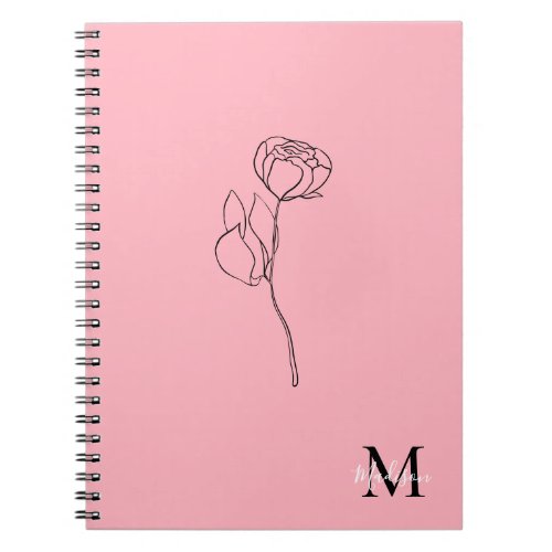 Simple Dusty Rose Floral and Elegant Monogram name Notebook