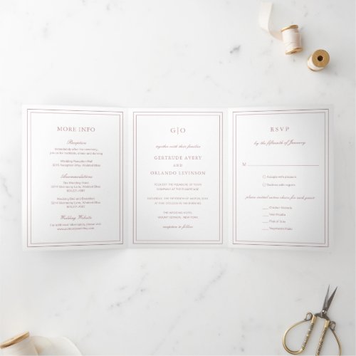 Simple Dusty Rose Formal Monogram Elegant Wedding Tri_Fold Invitation