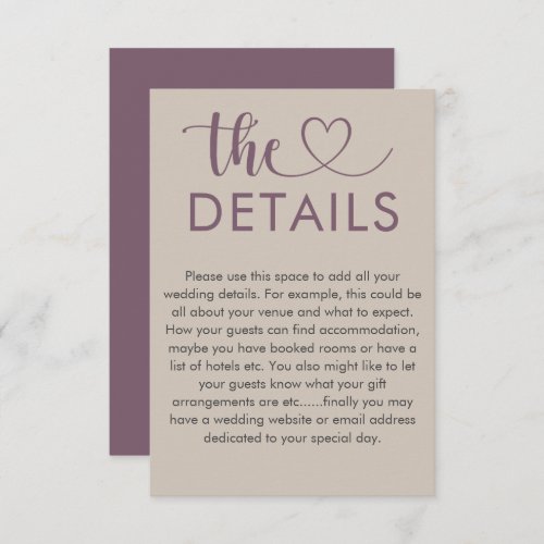 Simple Dusty Rose Heart Wedding Details  Enclosure Card