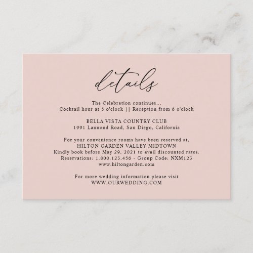 Simple Dusty Rose Pink Details Wedding Enclosure Card
