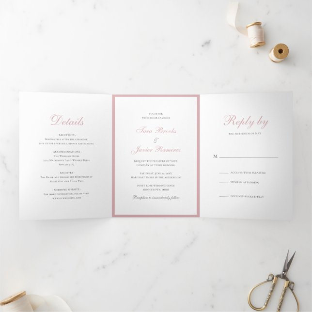 Simple Dusty Rose Pink Elegant Wedding  Tri-Fold Invitation (Inside)