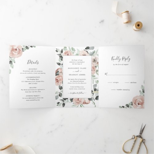 Simple Dusty Rose Pink Floral Elegant Wedding Tri_Fold Invitation