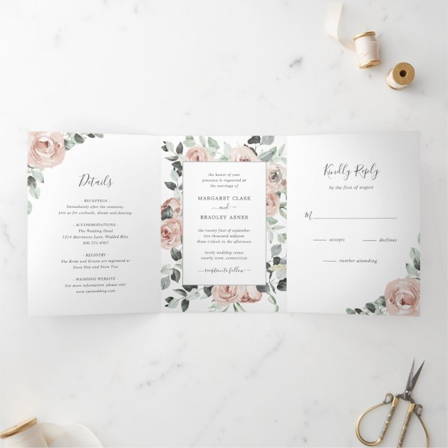 Simple Dusty Rose Pink Floral Elegant Wedding Tri-Fold Invitation (Inside)