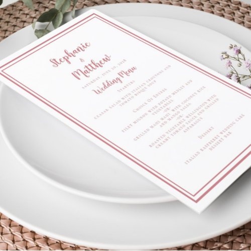 Simple Dusty Rose Pink White Wedding Menu Elegant