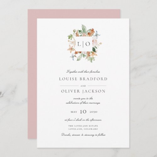 Simple Dusty Rose Watercolor Monogram Wedding Invitation