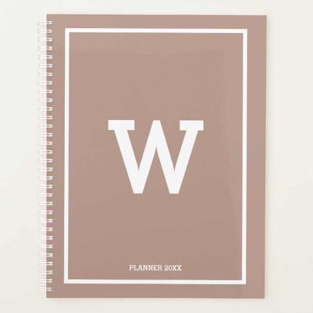 Simple Earthy Beige Toned Initial Monogram Monthly Planner (Front)