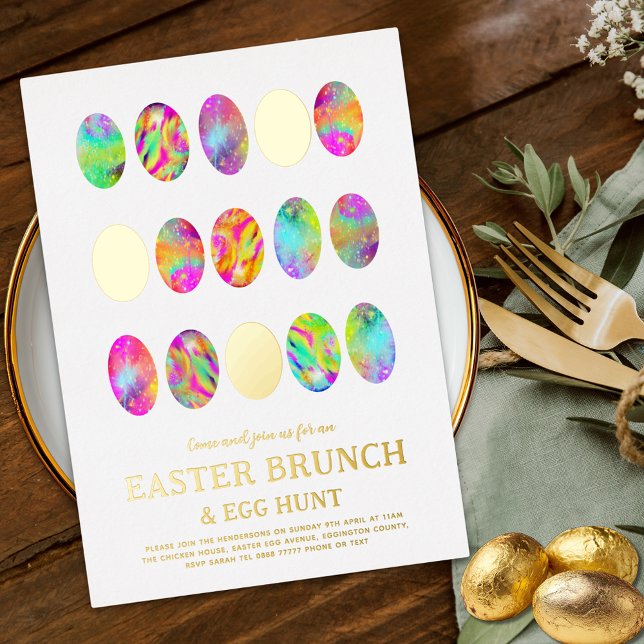 Simple Easter Egg Hunt Brunch Watercolor Gold Foil Invitation (Minimalist easter brunch egg hunt colorful watercolor gold foil spring garden party invitation )