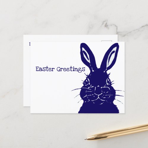 Simple Easter Rabbit Blue White Minimal Art Holiday Postcard