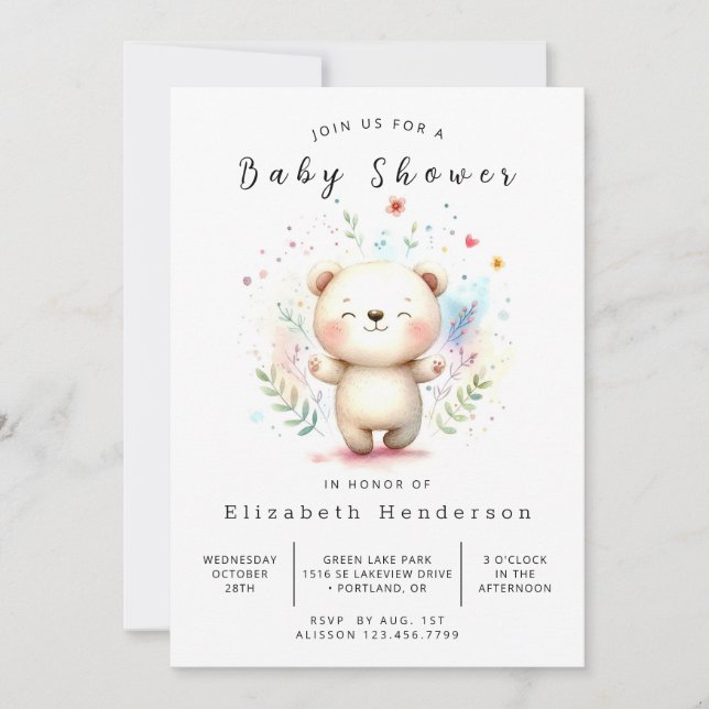 Simple Editable Bear Baby Shower Invitation (Front)