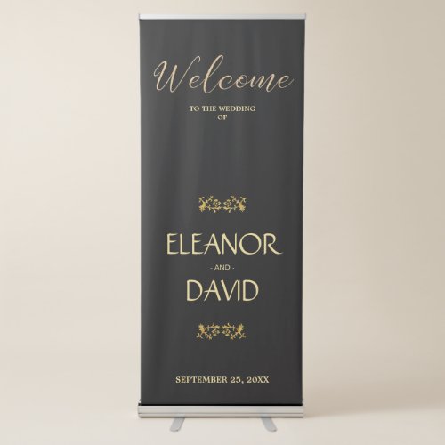 Simple editable black luxury gold welcome wedding retractable banner