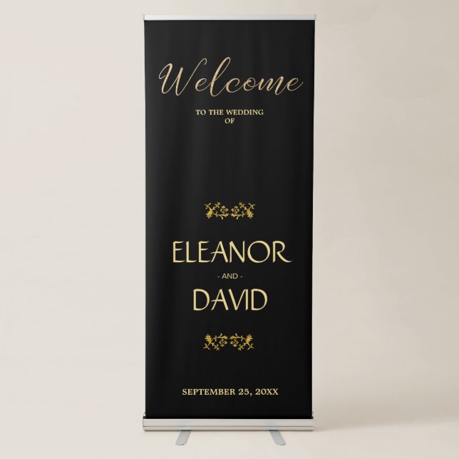 Simple editable black luxury gold welcome wedding retractable banner (Front)