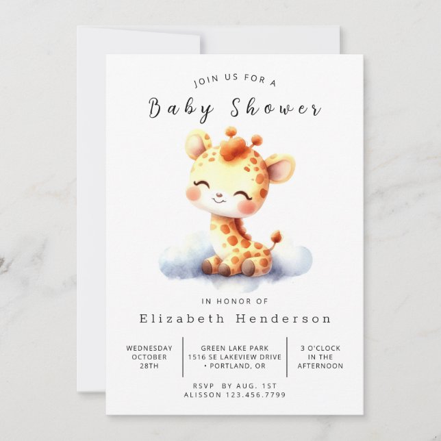 Simple Editable Giraffe Baby Shower Invitation (Front)