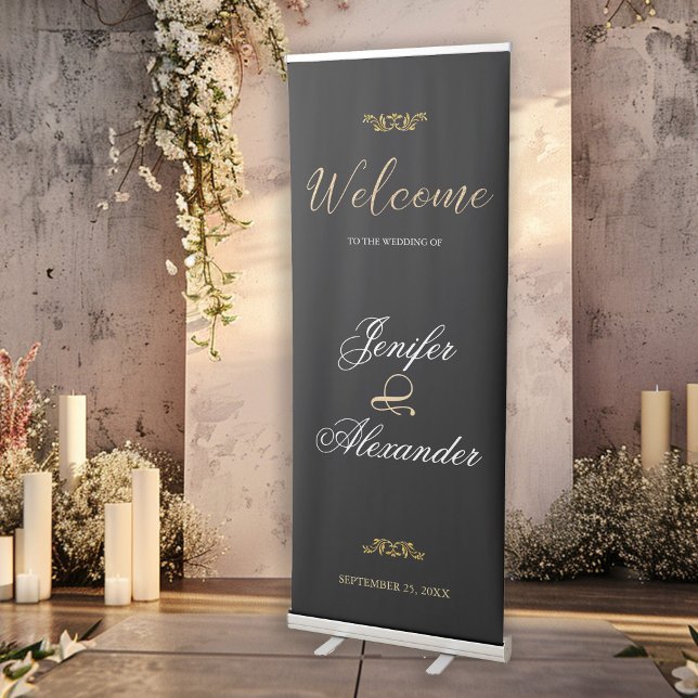 Simple editable luxury black gold welcome wedding retractable banner (Creator Uploaded)