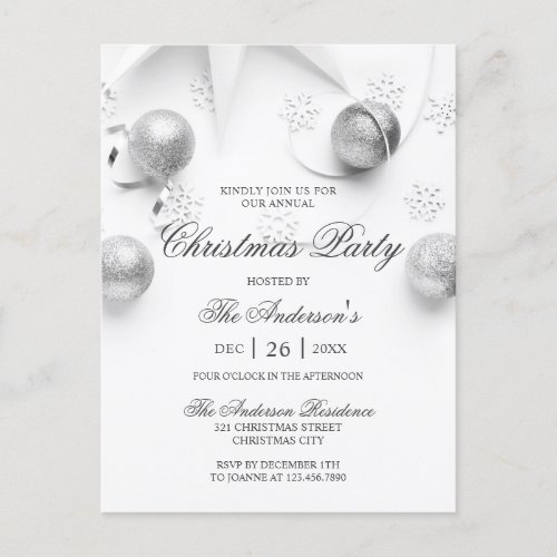 Simple Elagant White and Silver Christmas Party Invitation Postcard