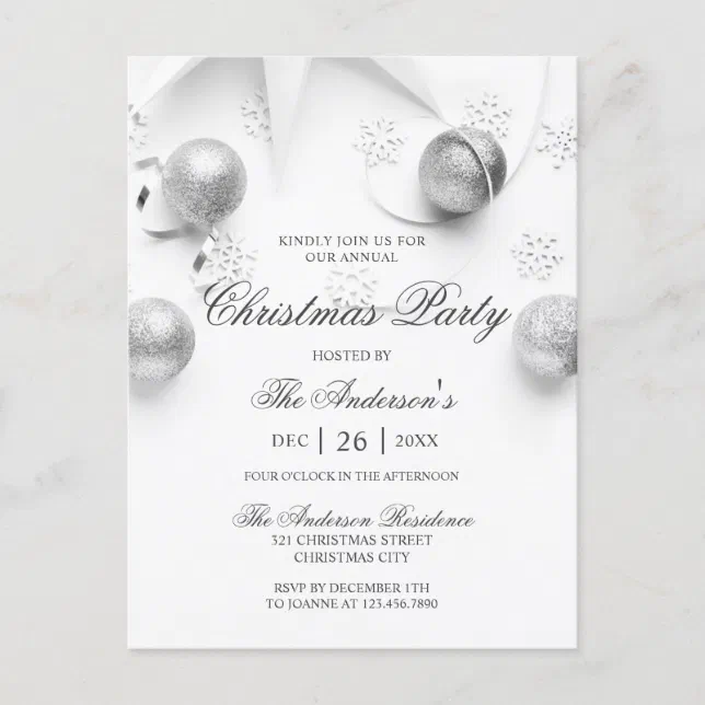 Simple Elagant White and Silver Christmas Party Invitation Postcard ...