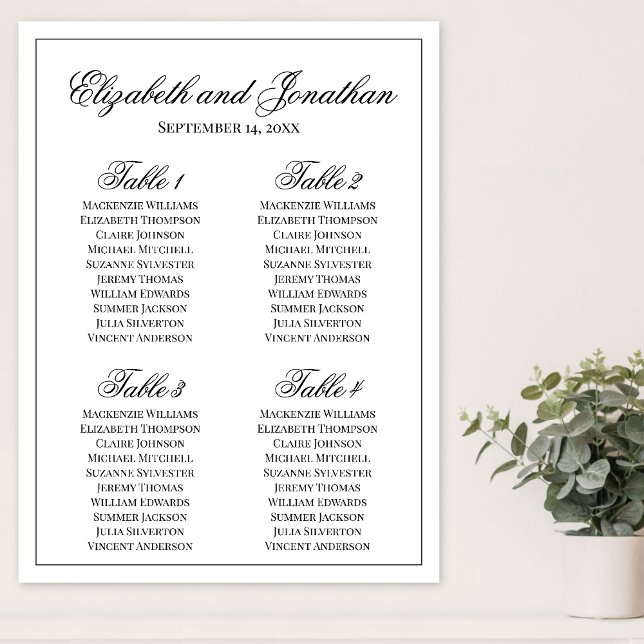 Simple Elegance 4 Table Wedding Seating Chart (In Situ on Wall)