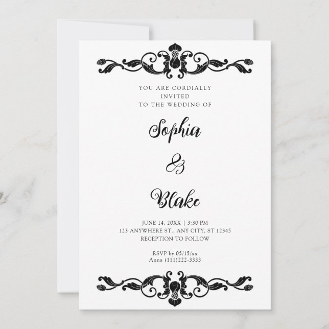 Simple Elegance Black and White Art Deco Wedding Invitation (Front)
