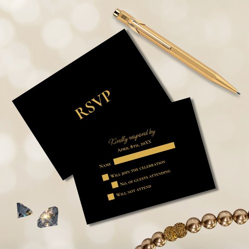 Simple Elegance Black Gold Wedding RSVP Card