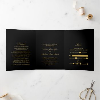 Simple Elegance Black & Gold Wedding Suite Tri-fold Invitation by StampedyStamp at Zazzle