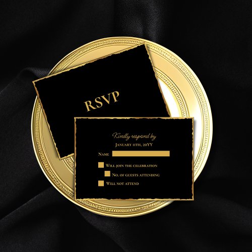 Simple Elegance Black Luxe Gold Edge Wedding RSVP Card