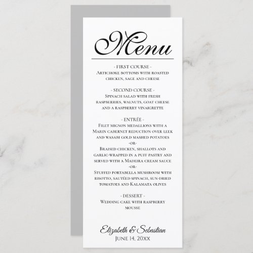 Simple Elegance Black Script on White Wedding Menu