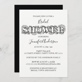 Simple Elegance Black White Floral Bridal Shower Invitation by MaggieMart at Zazzle