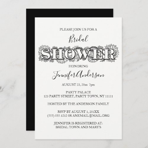 Simple Elegance Black White Floral Bridal Shower Invitation