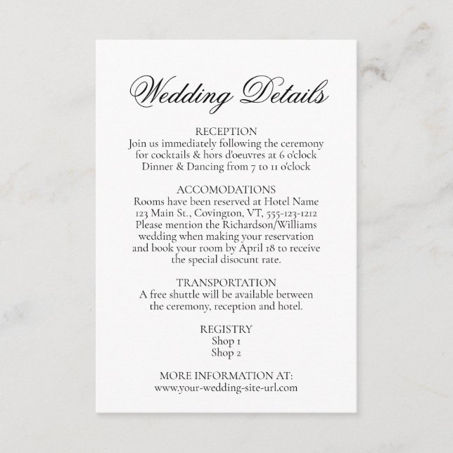 Simple Elegance Black & White Wedding Details Enclosure Card (Front)