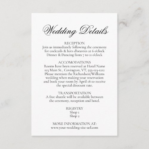 Simple Elegance Black  White Wedding Details Enclosure Card