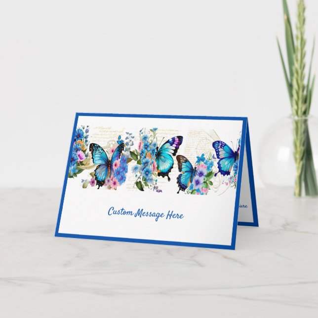 Simple Elegance Blue Butterflies Flowers Customize Card (Front)