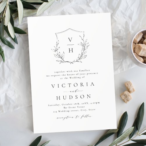  Simple elegance botanical crest monogram wedding Invitation