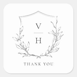 Simple elegance botanical crest monogram wedding square sticker
