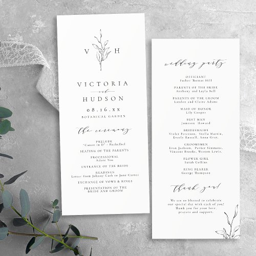 Simple elegance botanical leaves monogram wedding  program