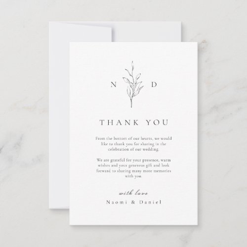 Simple elegance botanical leaves monogram wedding  thank you card