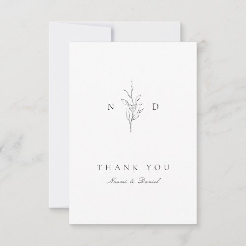 Simple elegance botanical leaves monogram wedding thank you card