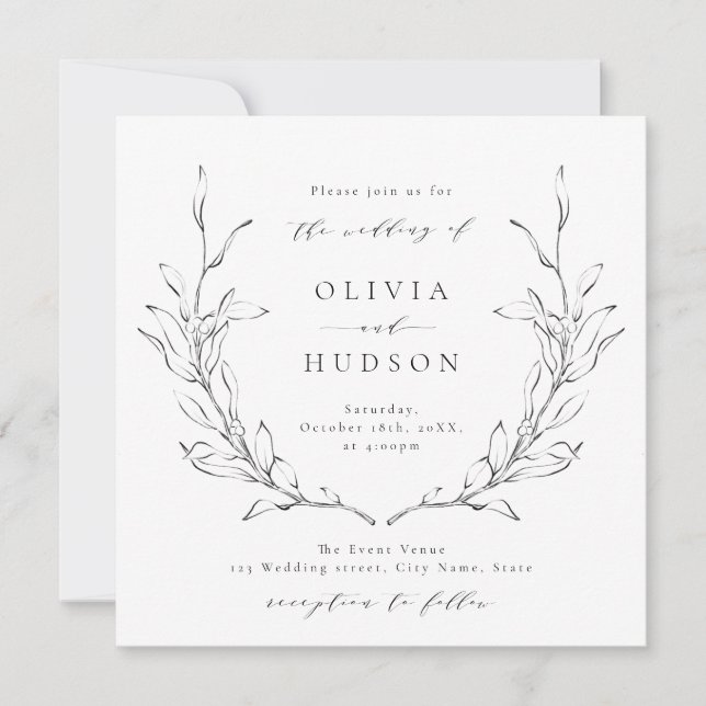 Simple elegance botanical wreath rustic wedding invitation (Front)