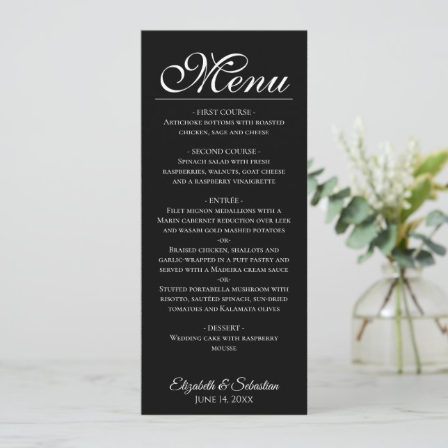 Simple Elegance Classic Black Wedding Menu (Standing Front)