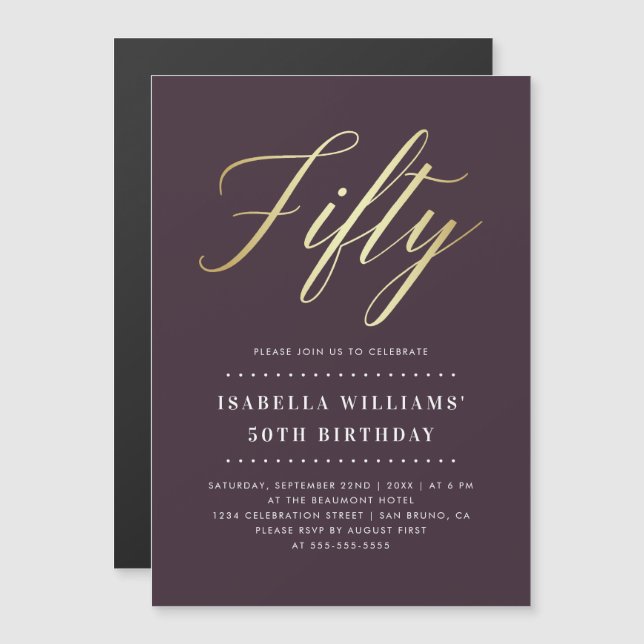 Simple Elegance | Faux Gold Fiftieth Birthday Magnetic Invitation (Front/Back)