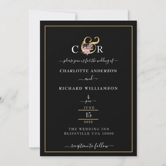 Simple Elegance, Gold Ampersand on Black  Invitation (Front)