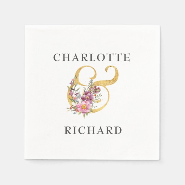 Simple Elegance, Gold Ampersand with Pink Florals Napkins (Front)