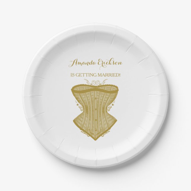 Simple Elegance Gold Corset Lingerie Bridal Shower Paper Plates (Front)