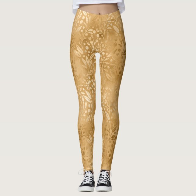 Simple Elegance Gold Foliage Pattern Stylish Leggings (Front)