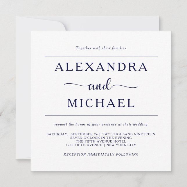 Simple Elegance | Minimal Navy and White Wedding Invitation (Front)