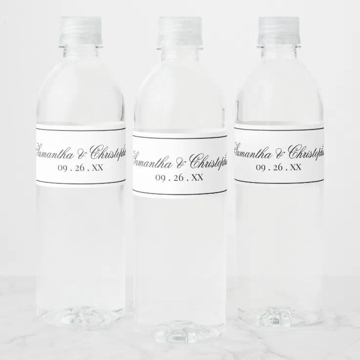 Simple Elegance Minimalist Wedding Black & White Water Bottle Label