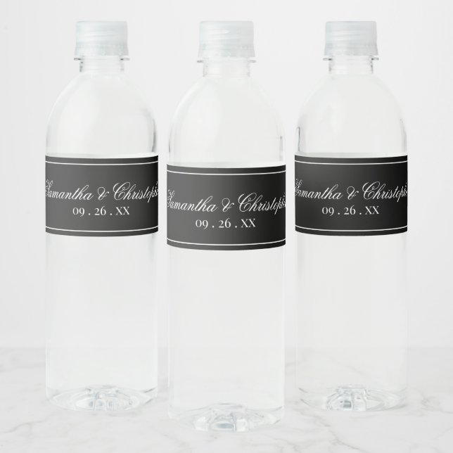 Simple Elegance Minimalist Wedding White on Black Water Bottle Label (Bottles)